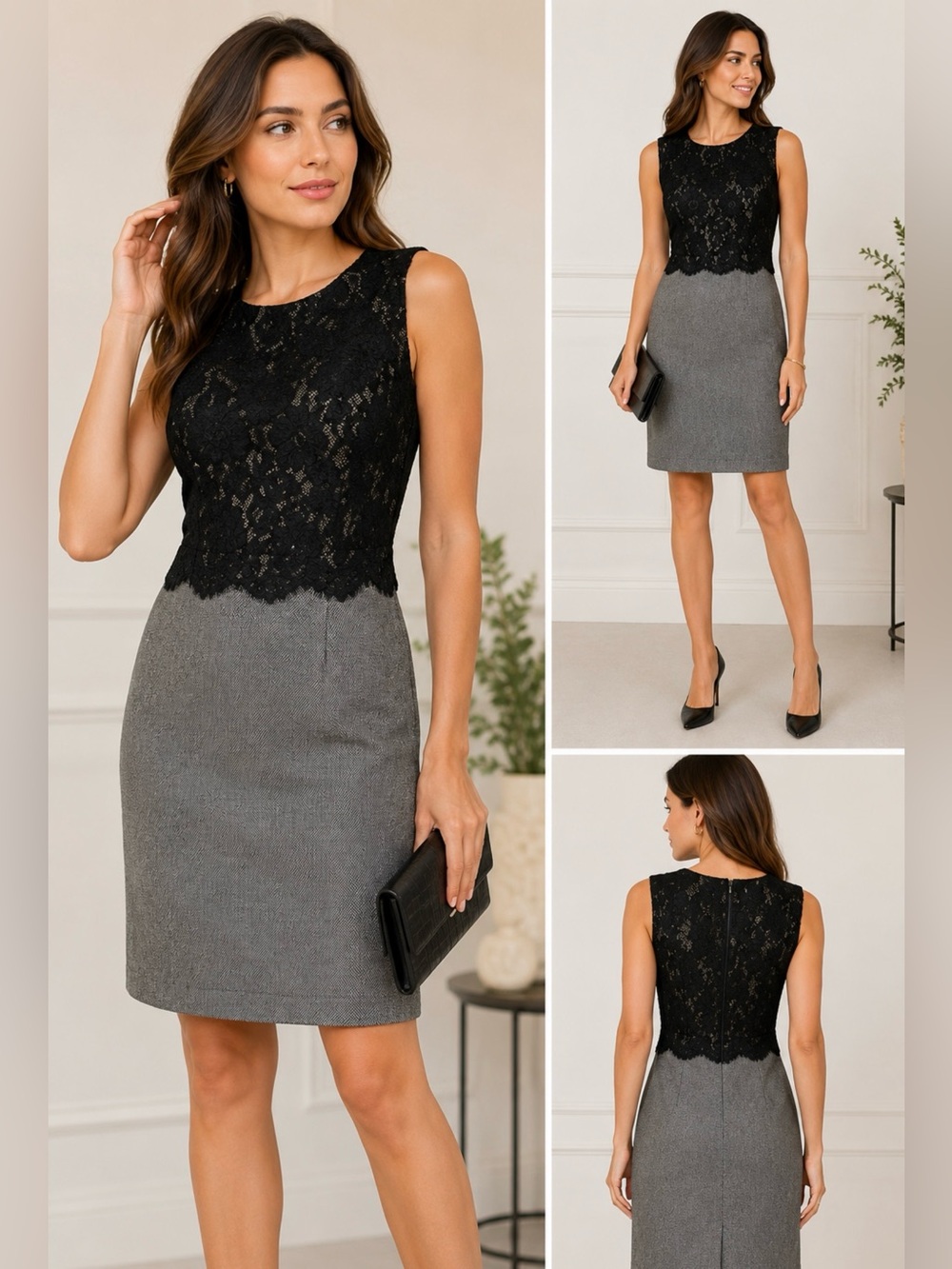 Few Moda New York Black Lace & Gray Wool Blend Sleeveless Dress Size S